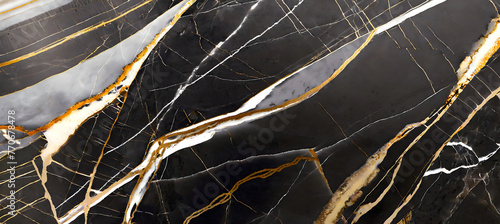 Panel kuchenny z motywem Textured of the black marble background. Gold and white patterned natural of dark gray marble. Generative AI.