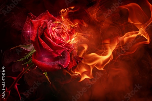 Red rose flower on fire dark background