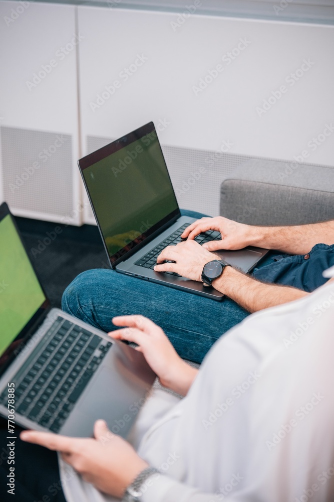 Fototapeta premium People using laptops while seated on a cozy sofa: workspace environment