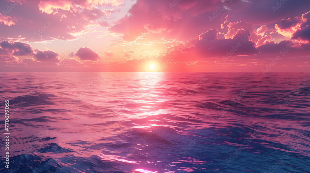 A picturesque seascape at sunset, the sun turning the clouds in shades of pink and purple.