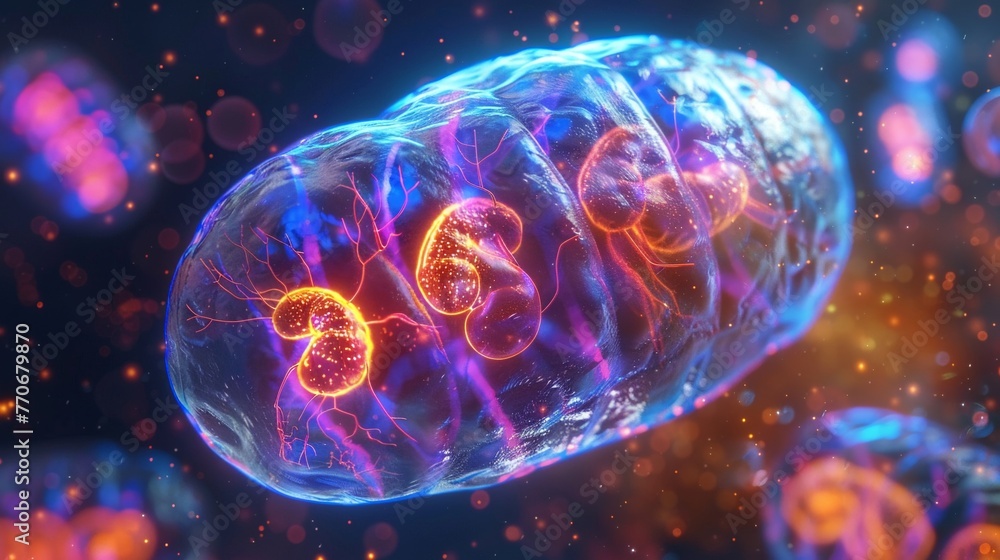 Golgi ApparatusNucleus and mitochondria in a dance, soft glow, intimate closeup, serene mood lighting Golgi ApparatusNucleus and mitochondria in a dance, soft glow, intimate closeup, serene mood lighting