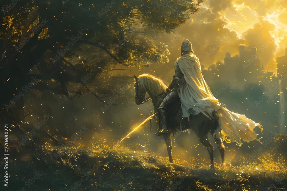 A knight in shining armor, atop a noble steed, wields a glowing enchanted sword, poised at the ancient forest's edge, ready for adventure. - obrazy, fototapety, plakaty 