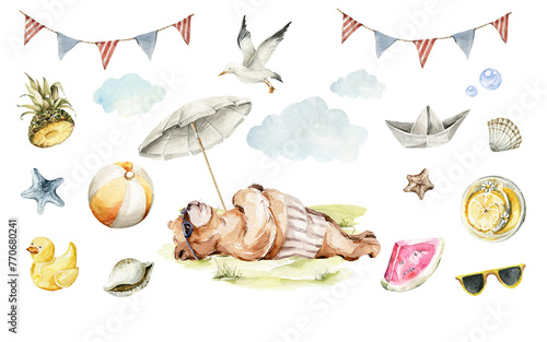 Watercolor nursery summer set of sea travel. Hand painted cute animal of bear character, baby toys, whale, clouds, beach, shells, sand. Trip card, illustration for baby shower design, kids print
