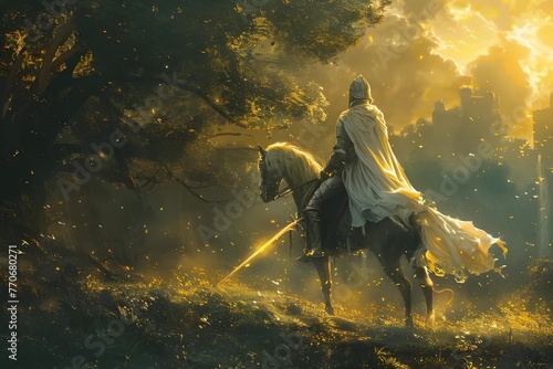 A knight in shining armor, atop a noble steed, wields a glowing enchanted sword, poised at the ancient forest's edge, ready for adventure. photo
