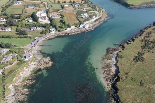 Aerial shot of Kinsale coastal town overlooking the coastline and bay