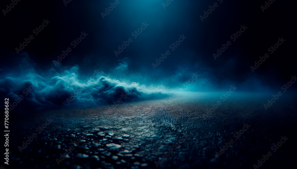 Mystical blue smoke over dark asphalt road. Background for mystery and fantasy concept. Generative AI