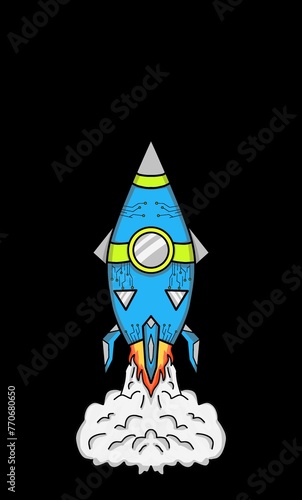 Illustration of a rocket taking off from a launch pad against a black background photo