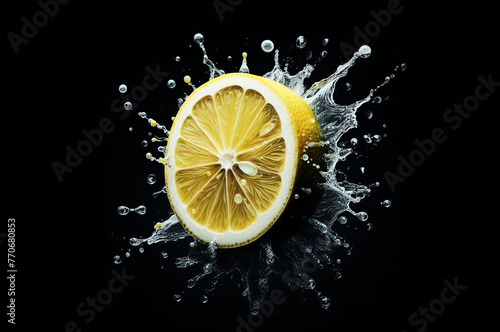Citrus fruit sliced into half and water splash. Lemon fruit water splash.