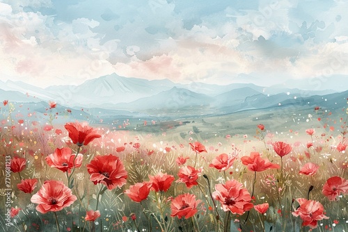 Watercolor poppy landscape pastel hues blooming field nature scene soft light panoramic view