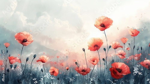 Blooming poppy watercolor pastel and soft nature backdrop daylight scene panoramic landscape