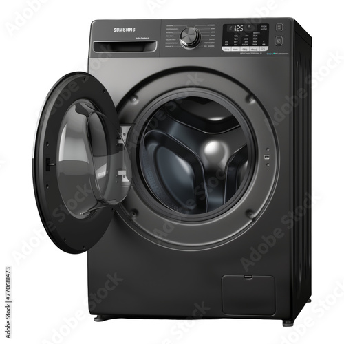 Trendy new black, metallic washing machine with a big drum on a transparent background. The washer has the door open and is ready to wash and clean the laundry. photo