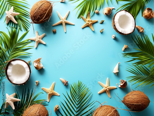 Tropical beach concept with coconuts, starfish, and palm leaves on a turquoise backdrop. Holiday layout. Generative AI