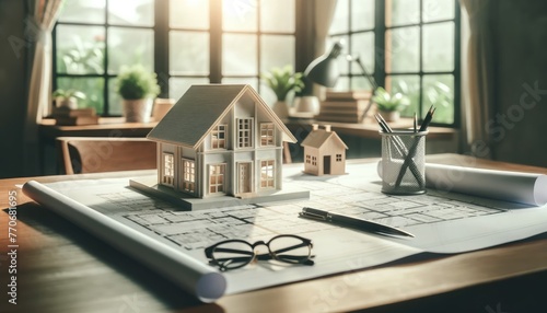 Architectural model home on top of blueprints, with drafting tools and glasses in an office setting.