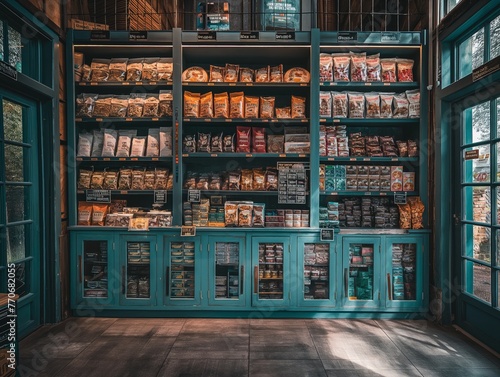 A store with a lot of snacks and chips. The store is blue and has a lot of shelves