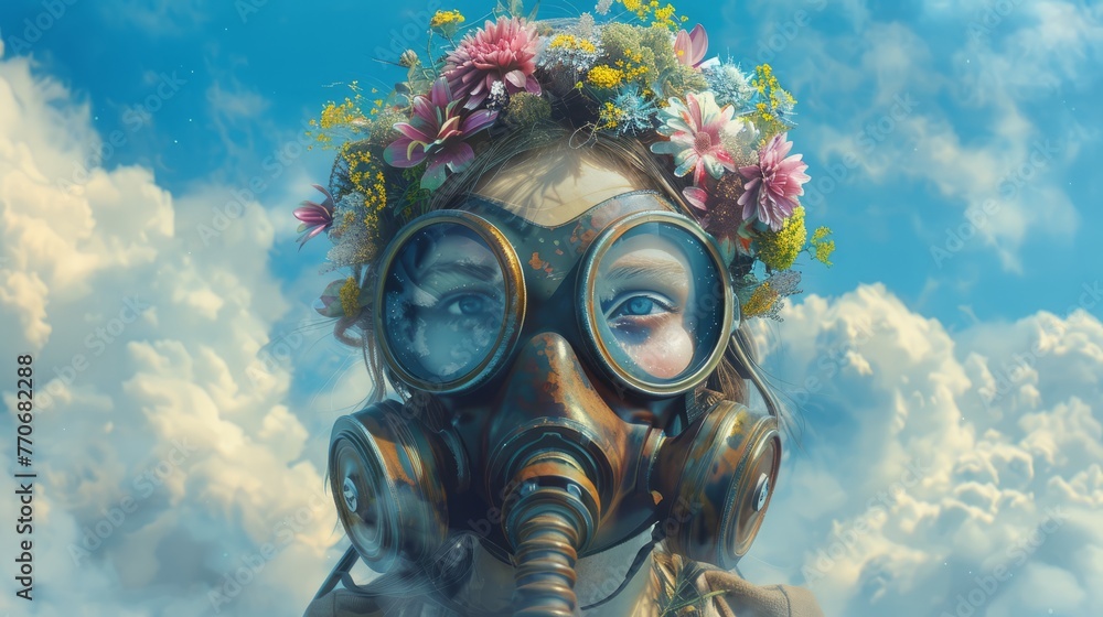 Portrait of young girl wearing gas mask on with floral hairstyle on pastel background. Preventing toxic dust from the future world concept