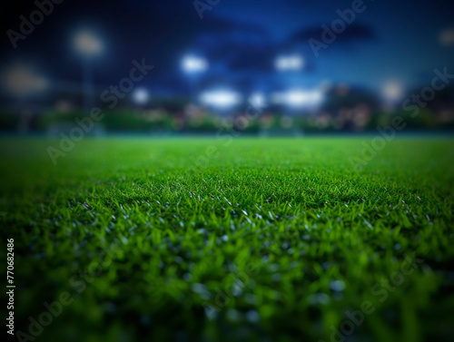 Close ground view of football field at night with blurred stadium background and cool lighting. Generative AI