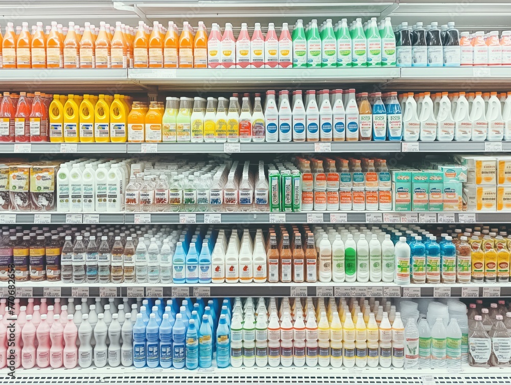 A row of shelves in a store with many different types of drinks. The bottles are all lined up and are of different colors