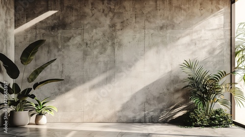 A minimalist interior featuring a blank concrete wall, complemented by a tropical plant garden