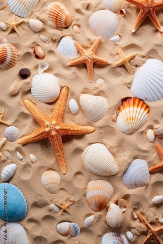 Seashells and starfish on the sand