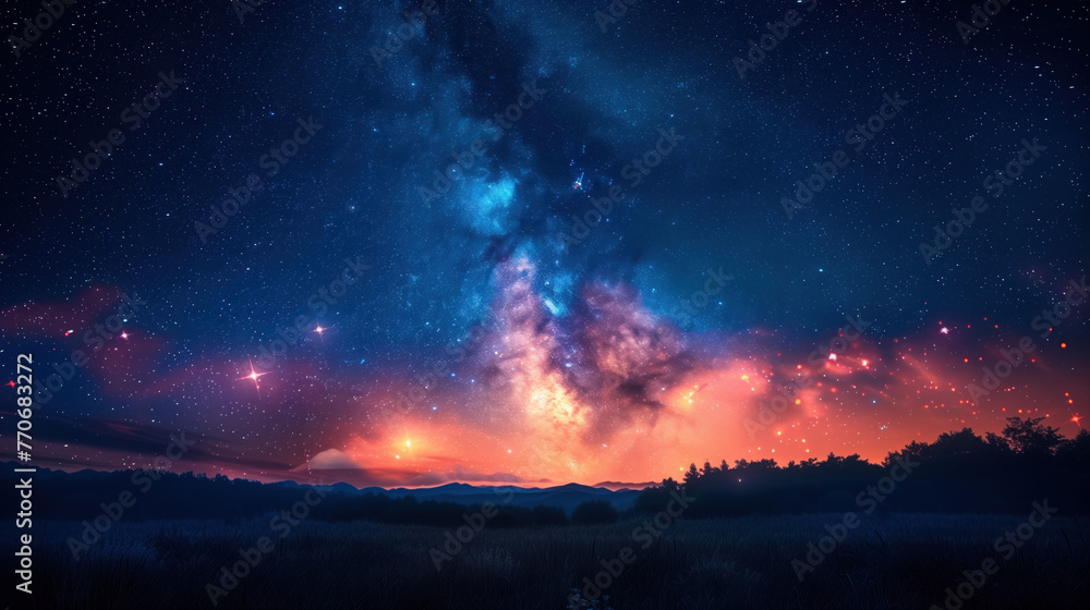 A night scene with the Milky Way rising above the dark horizon and illuminated by silhouettes of trees and fog