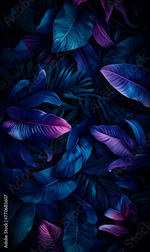 Artistic rendering of tropical foliage in deep blue and purple hues. Visual art concept. Generative AI