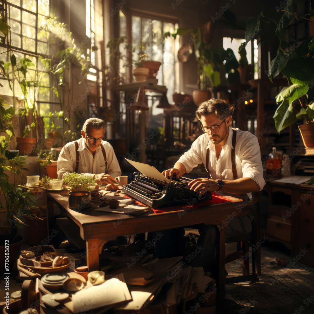 A snapshot capturing two authors deeply involved in their craft within a sunlit, plant-filled workspace filled with vintage charm. Generative AI A snapshot capturing two authors deeply involved in their craft within a sunlit, plant-filled workspace filled with vintage charm. Generative AI