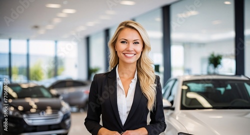 Smiling Professional car saleswoman in showroom. Blurred dealership office. Car dealer business.