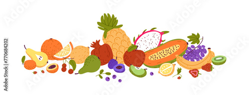 Tropical fruit and berries composition. Fresh exotic food. Summer garden crop on still life: apple, banana, orange, pineapple, half papaya, pear. Flat isolated vector illustration on white background