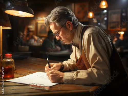 A vintage scene of a dedicated writer deeply immersed in composing a manuscript by the warm glow of a lamp. Generative AI