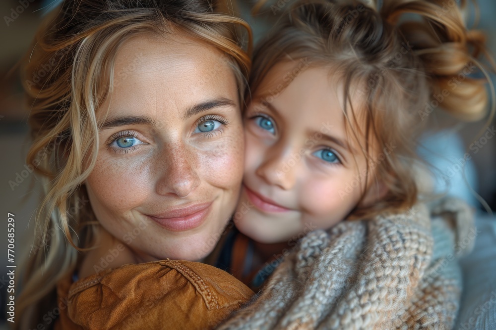 A heartwarming photo of a mother and her daughter sharing an affectionate cuddle A heartwarming photo of a mother and her daughter sharing an affectionate cuddle