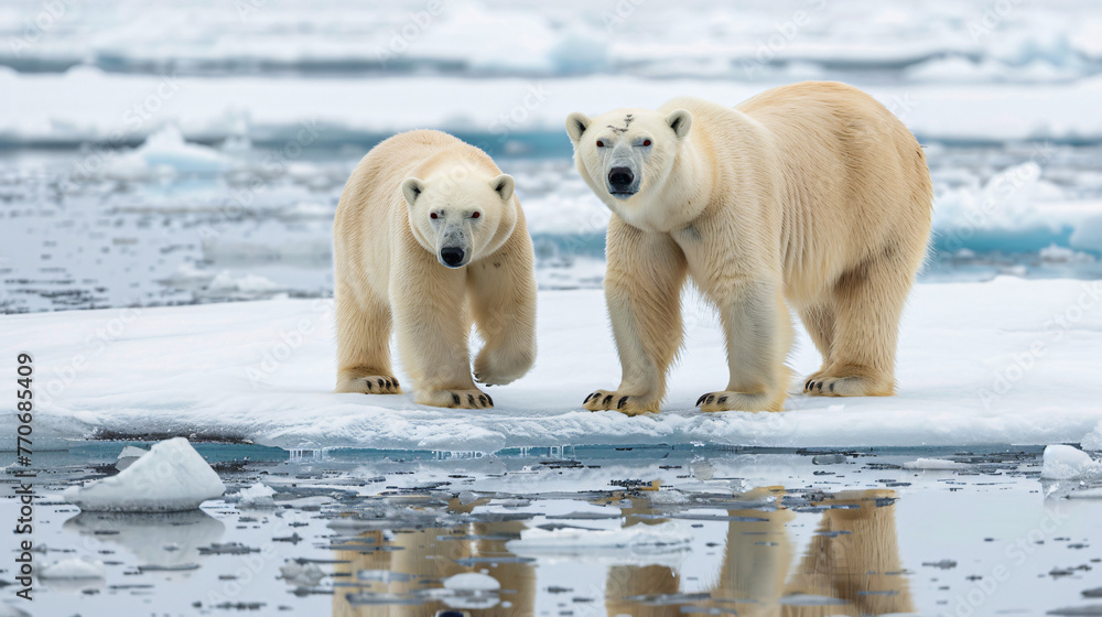 Polar bears on a shrinking ice floe searching for food symbolizing wildlifes struggle with climate change.