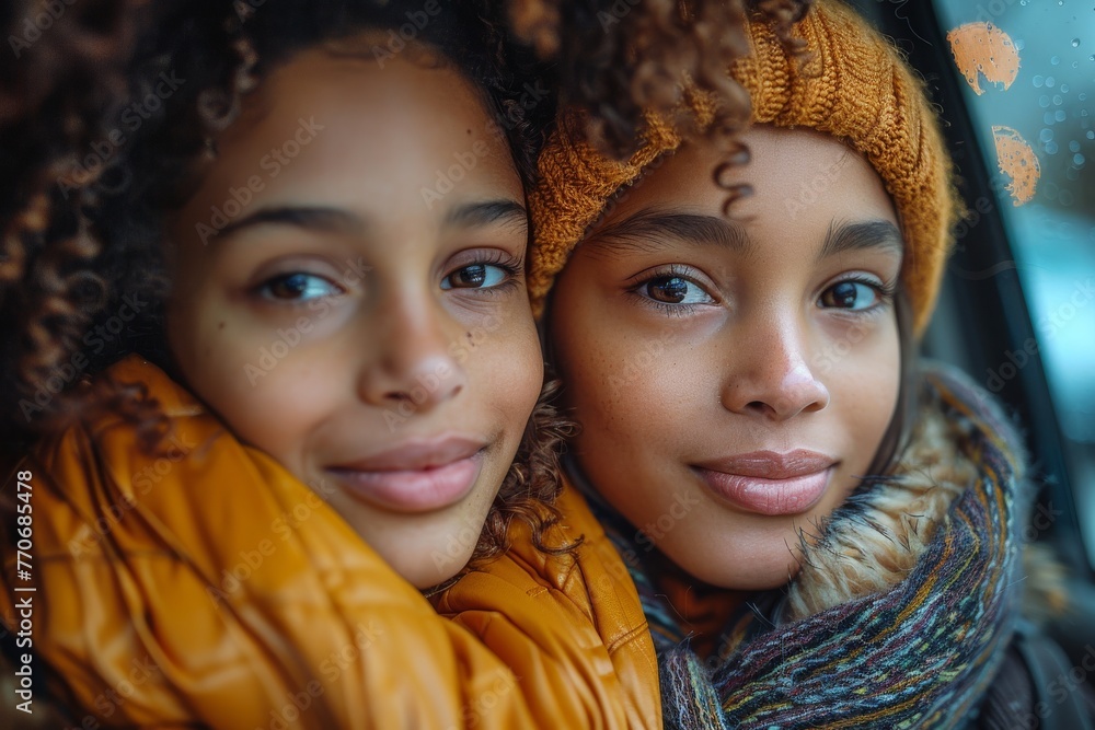 An intimate photography of siblings showcasing their similar features and curly locks An intimate photography of siblings showcasing their similar features and curly locks