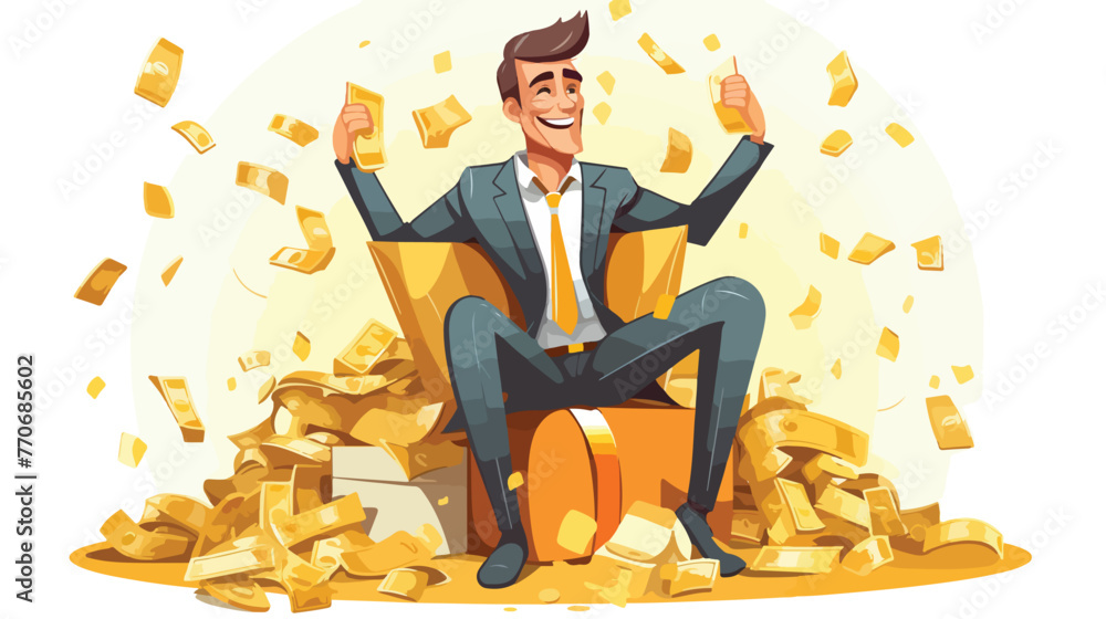 Happy millionaire character sitting on a pile of mo - obrazy, fototapety, plakaty 