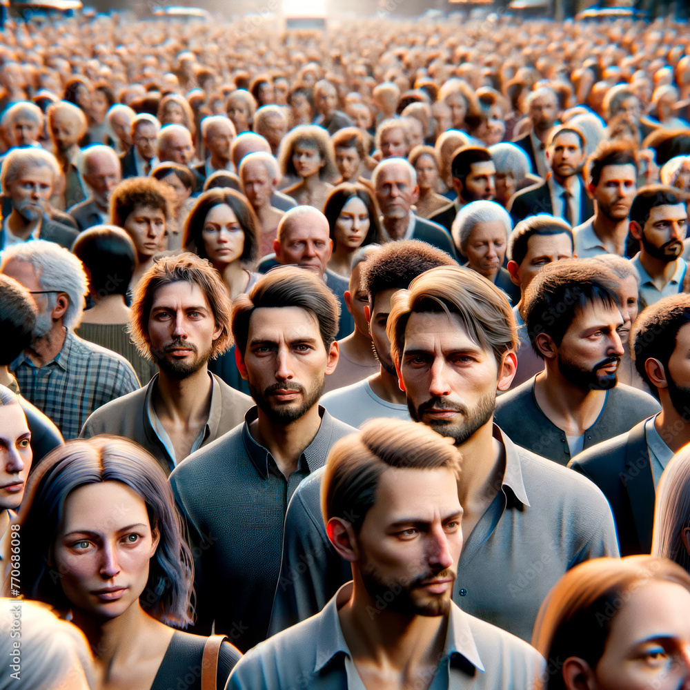 A dense crowd of diverse human faces with a focus on a few individuals, set on a blurred background, illustrating the concept of individuality in society. Generative AI