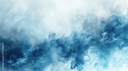 Smoke or watercolor splashes in blue and white tones, creating the effect of haze or soft clouds