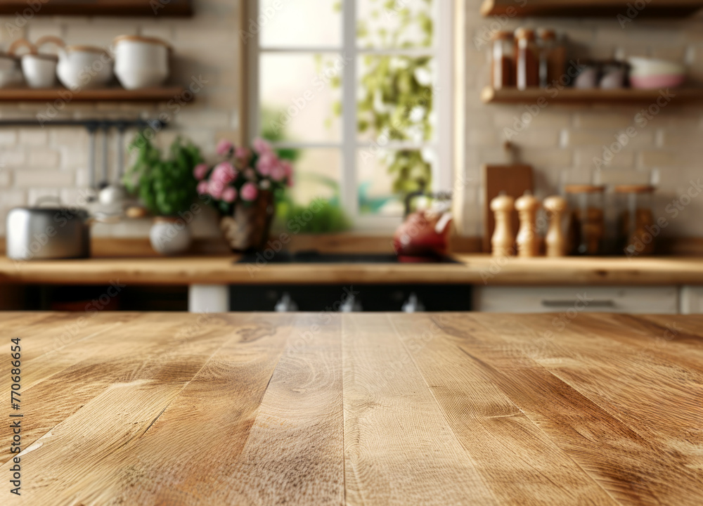Empty wooden tabletop with a blurred kitchen background, warm home interior, concept of cozy space, Generative AI. Generative AI Empty wooden tabletop with a blurred kitchen background, warm home interior, concept of cozy space, Generative AI. Generative AI