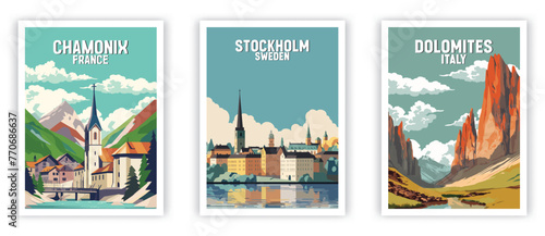 Chamonix, Stockholm, Dolomites Illustration Art. Travel Poster Wall Art. Minimalist Vector art