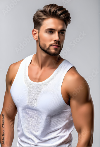 Handsome muscular man posing in white tank top, perfect for fitness themes, summer wear, and men's fashion-related content