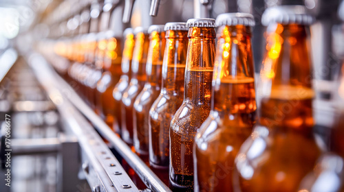 Bottling Line of Beer Production with Amber Glass Bottles 