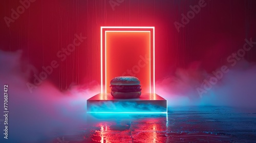 Red background, light emitting from a fast food, with a doorway in front of burger box, blue light.
