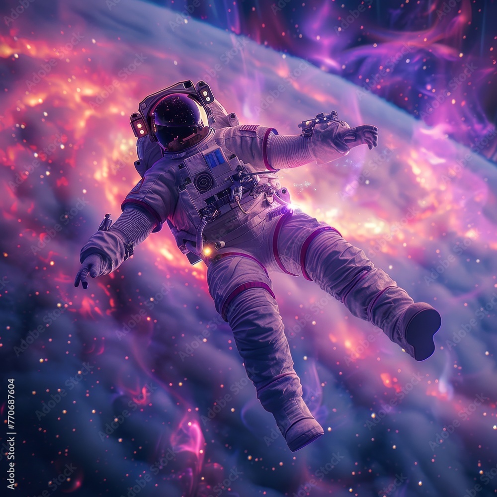 Astronaut floating in space in a distance, long shot, auroras, cyberpunk, premieum, purple and pink.