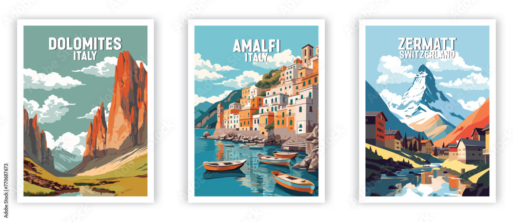 Dolomites, Amalfi, Zermatt Illustration Art. Travel Poster Wall Art. Minimalist Vector art