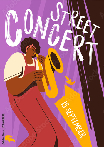 Saxophonist plays saxophone on street concert. Promotion flyer of jazz festival. Advertisement poster of music event. Musician blowing in wind instrument, trumpet on placard. Flat vector illustration