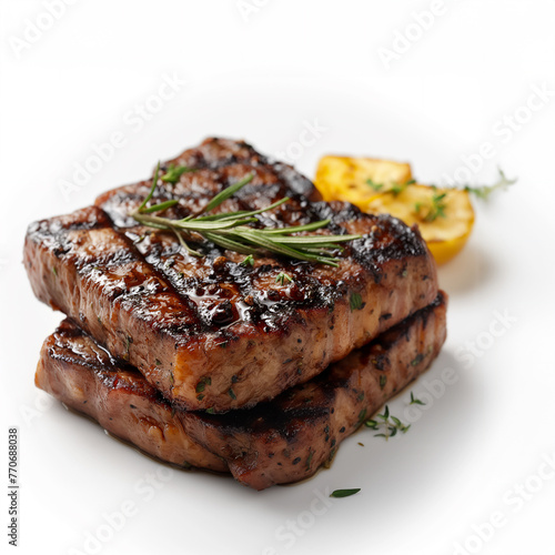 Appetizing grilled beef steaks on a white background