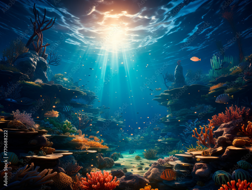Vibrant underwater seascape with sunbeams shining through, lush coral reef, and diverse marine life, set against a deep ocean background, concept of marine biodiversity. Generative AI
