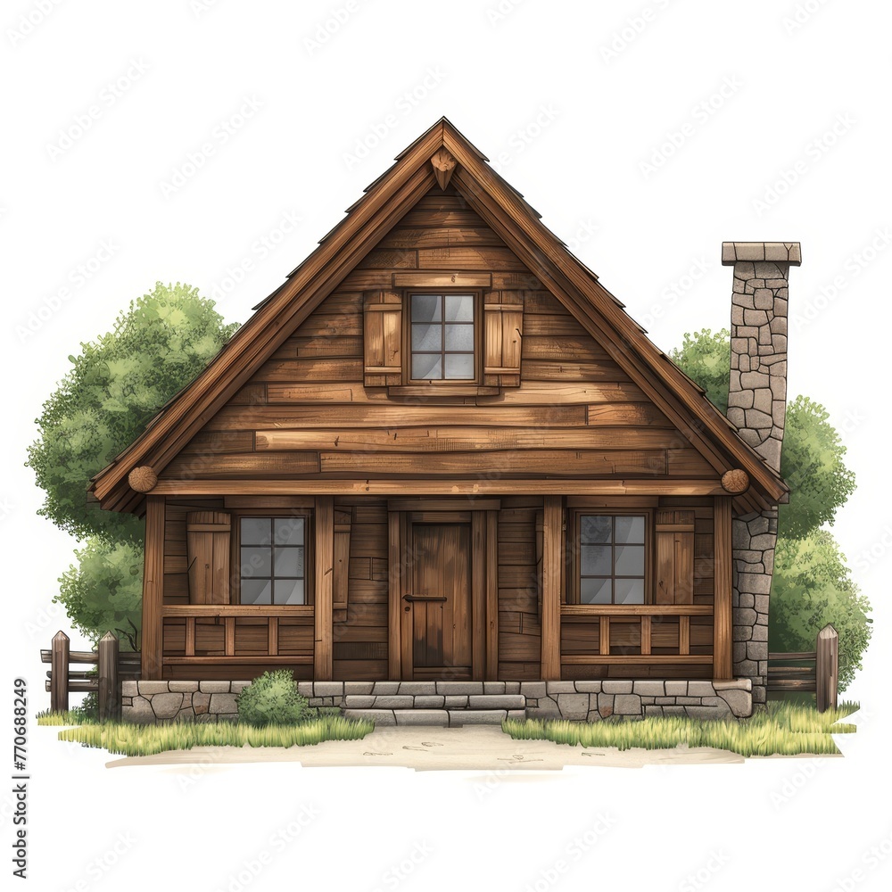 Simple cartoon of brown wooden house with white background.