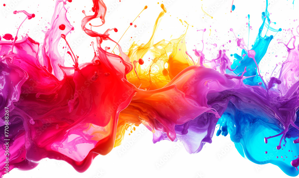 Colorful paint splashes colliding against a white background, representing a dynamic and creative concept. Generative AI