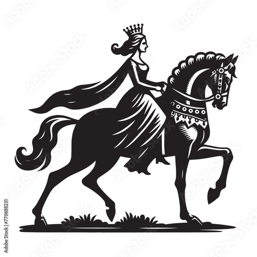 Medieval queen riding a horse. Vintage retro engraving illustration. Black icon, isolated element	