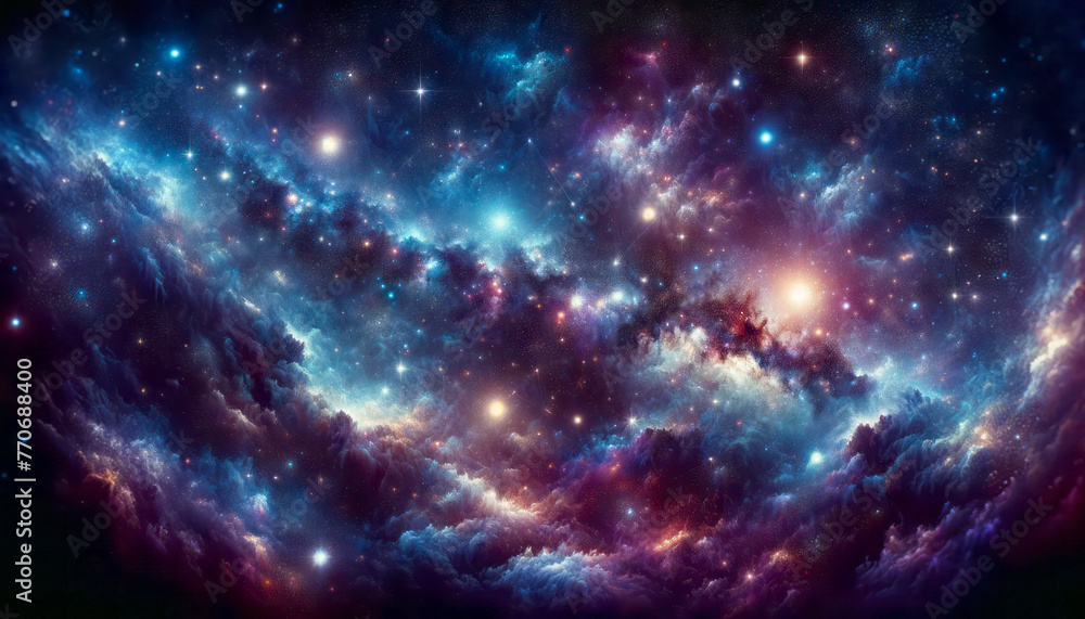 A vibrant depiction of the cosmos with nebulae, stars, and celestial clouds against a dark space background, symbolizing the concept of the universe. Generative AI