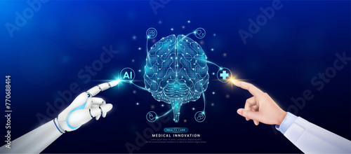 Brain in atom. Doctor and robot finger touching icon AI cross symbol. Health care too artificial intelligence cyborg or technology innovation science medical futuristic. Banner vector EPS10.